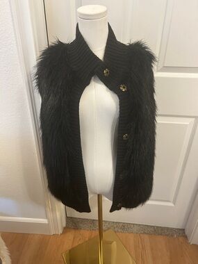 Michael Kors Black Faux Fur Knit Button Vest
